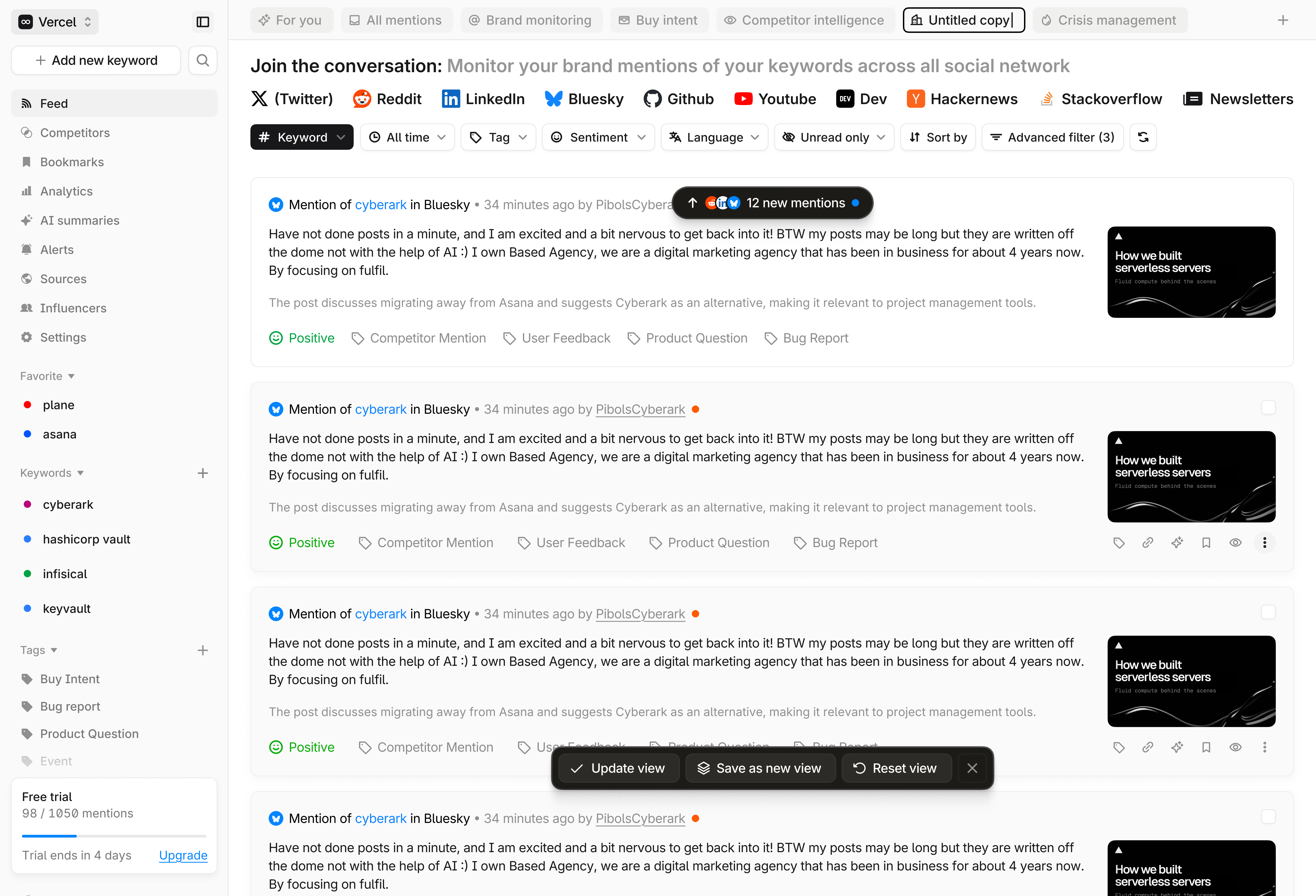 Parahuman dashboard showing real-time mentions across multiple platforms